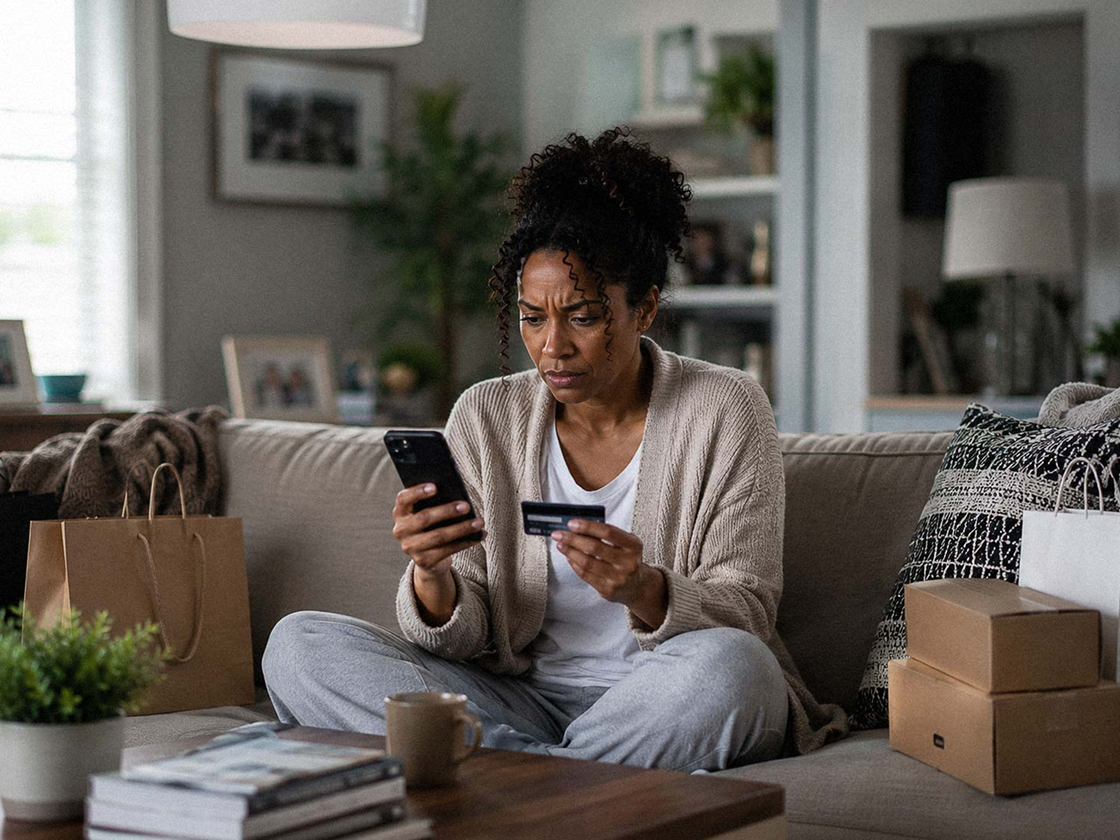 Woman using a phone and credit card