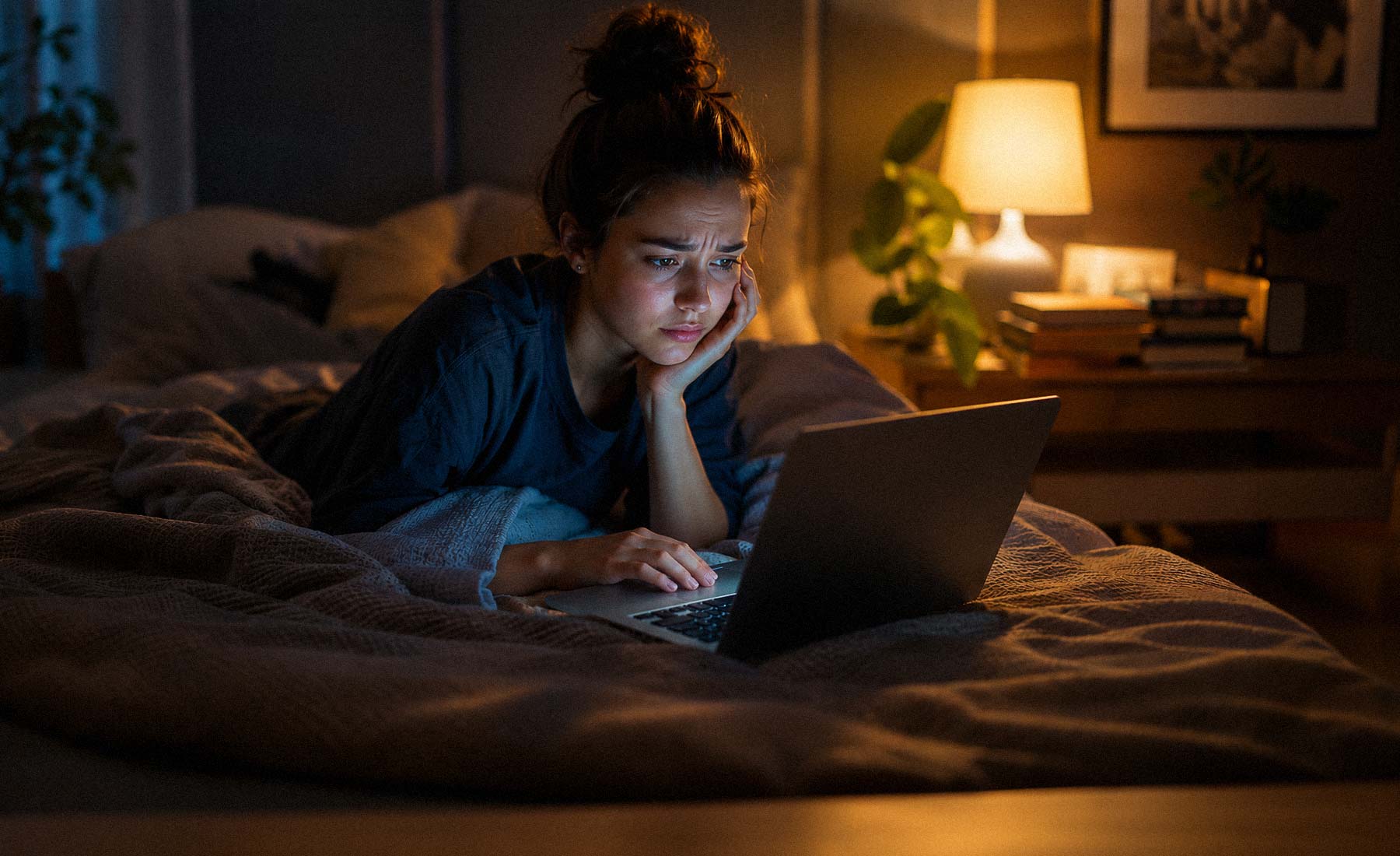 Teenager using a laptop in bed