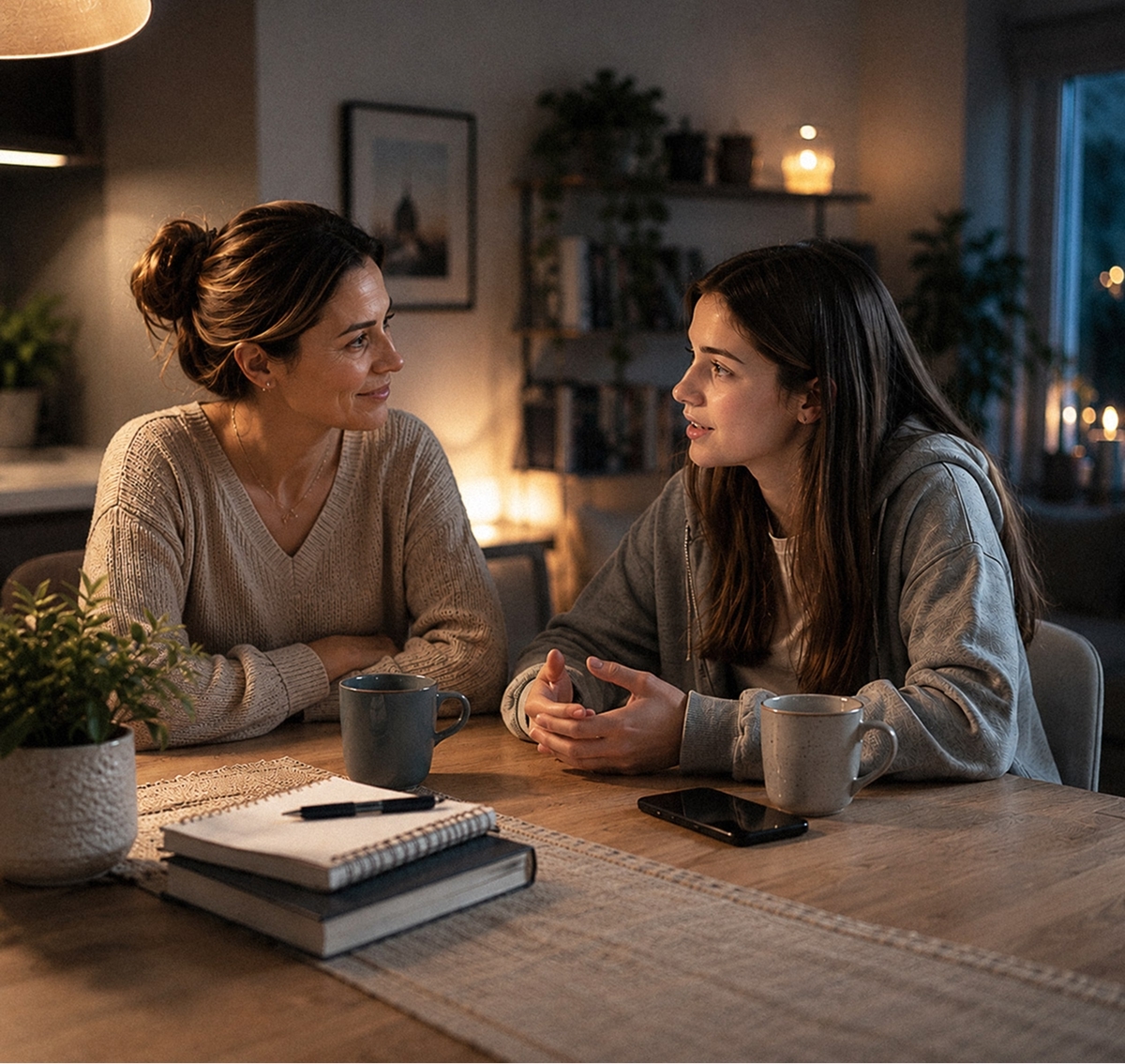 A woman and a young woman speaking at a table